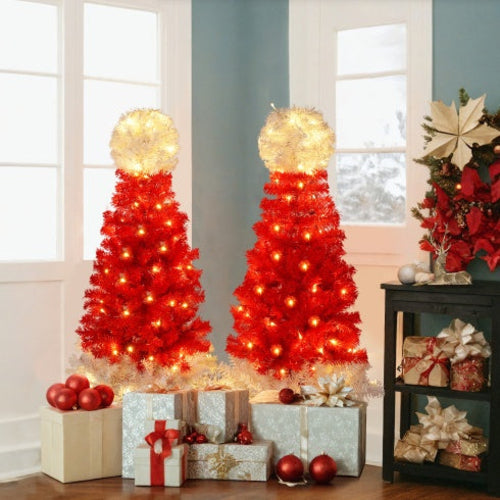 Lighted Santa Hat Style Christmas Tree Set Of 2, 4ft Artificial Tree