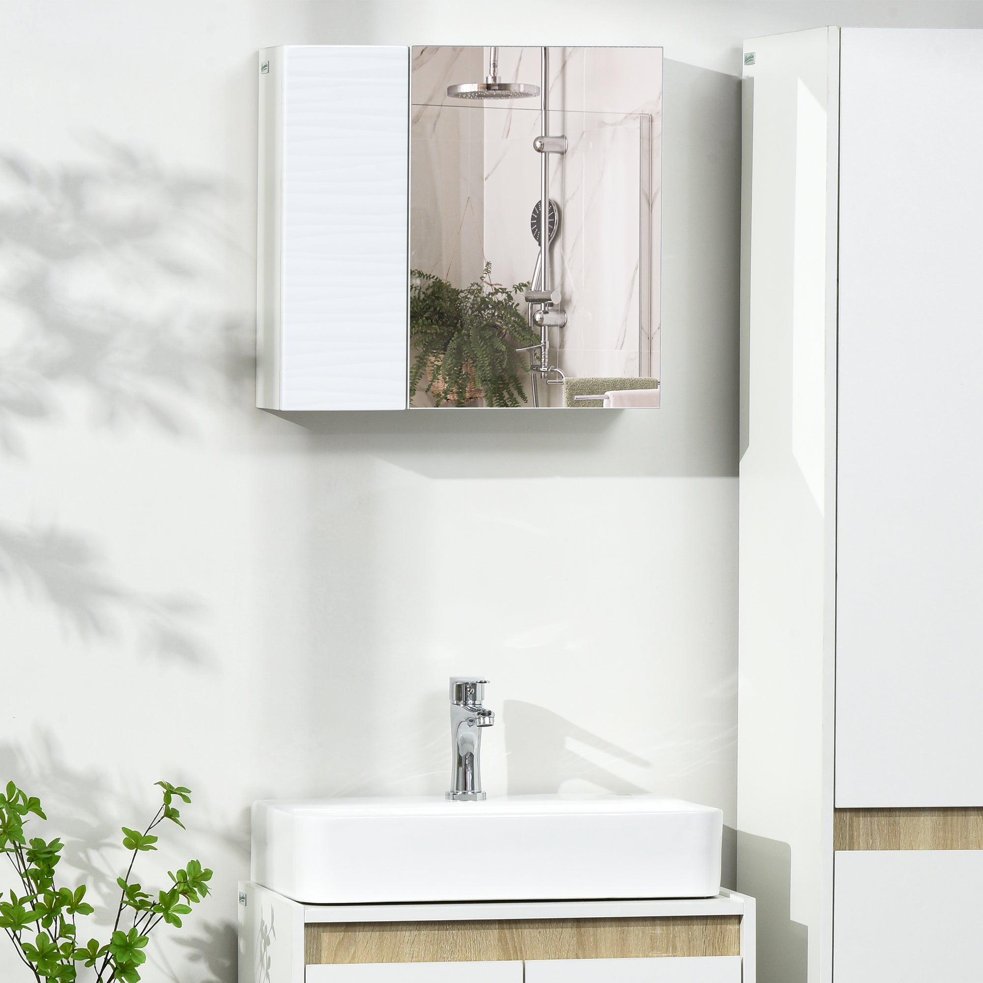 Double Door Bathroom Mirror Cabinet with Adjustable Shelves - White