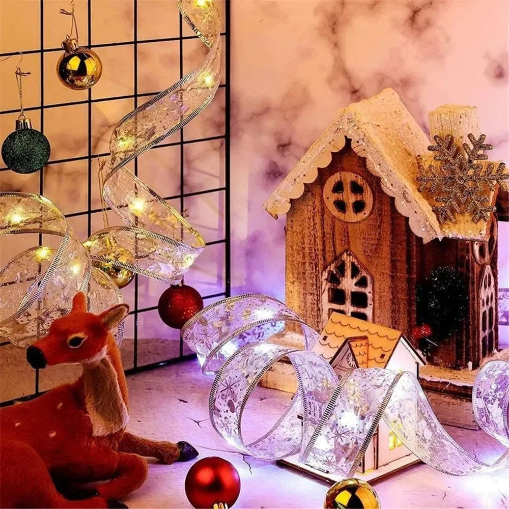 New Year 2026 Christmas Decoration LED Ribbon Fairy Lights Christmas Tree Ornaments for Home DIY Bows Light String Navidad 2025