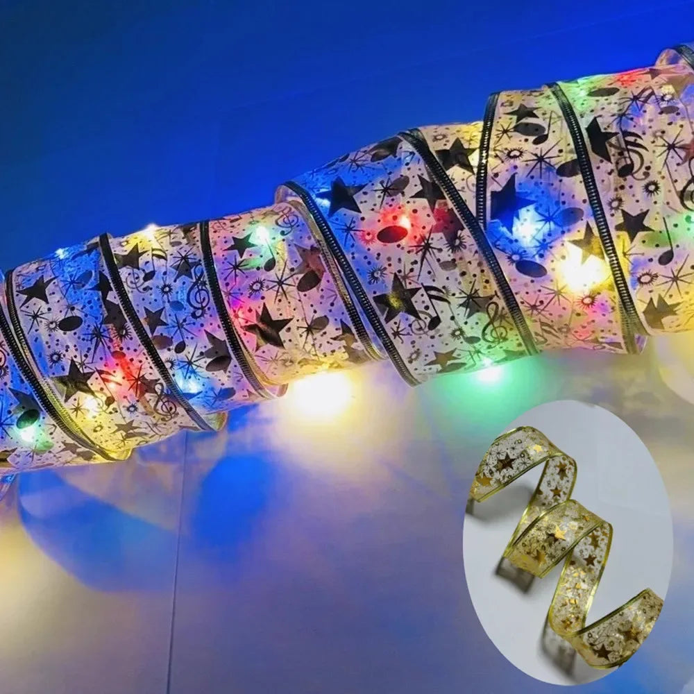New Year 2026 Christmas Decoration LED Ribbon Fairy Lights Christmas Tree Ornaments for Home DIY Bows Light String Navidad 2025