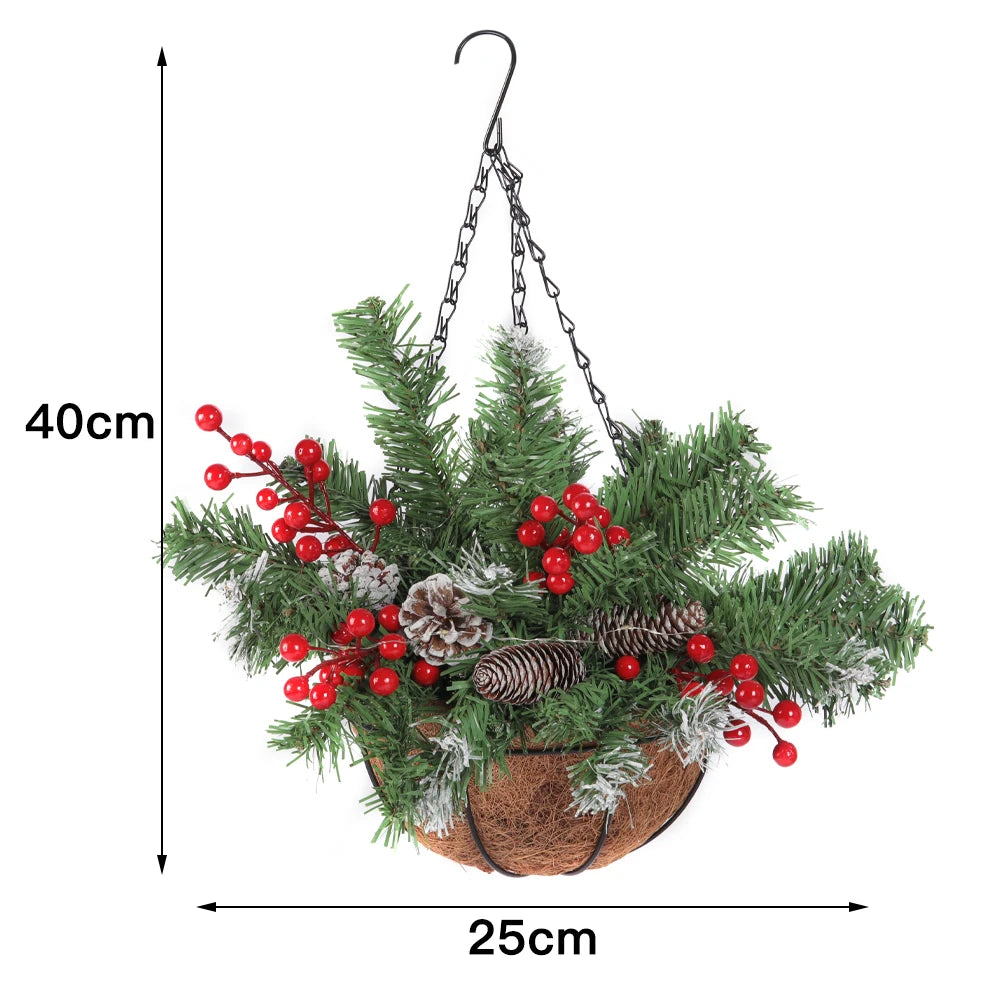 Christmas decorative artificial hanging basket with frosted pine cones and mixed plant ornaments Christmas hanging basket