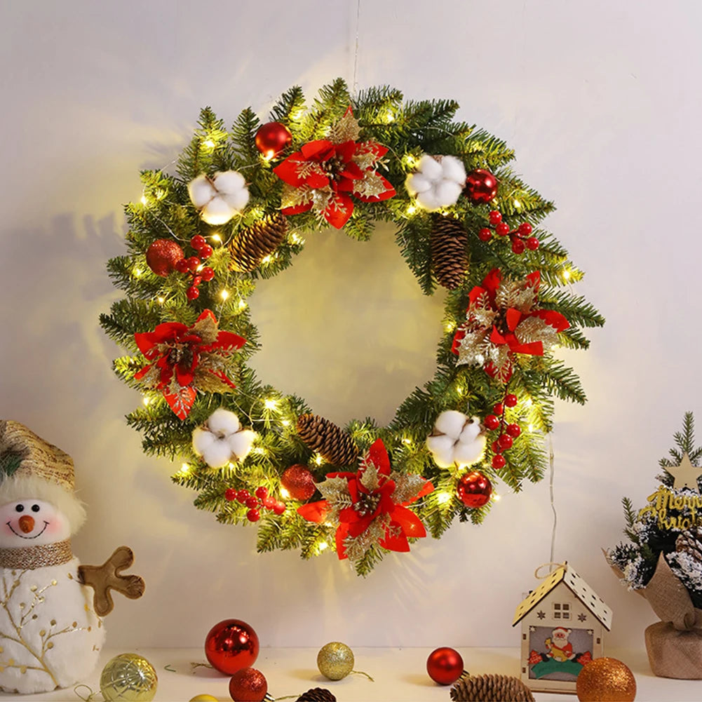 Christmas Hanging Decorations with Spruce Pine Cones Berry Ball 40CM Garland Decoration PVC Light Up for Wall Front Door Window