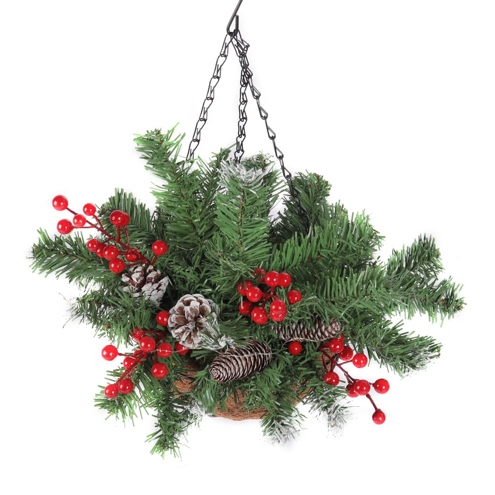 Voltsify Pre Lit Artificial Christmas Hanging Basket with Frosted Pine Cone