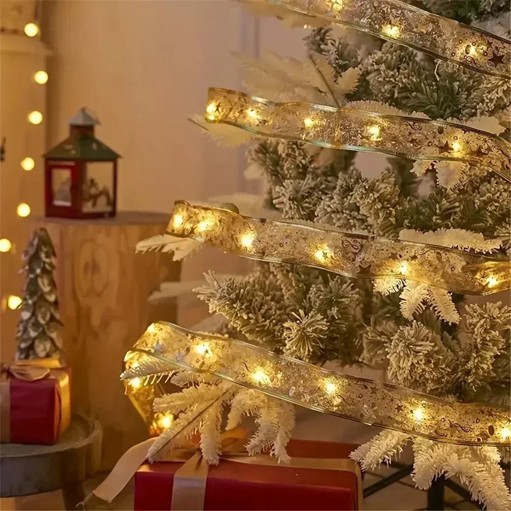 New Year 2026 Christmas Decoration LED Ribbon Fairy Lights Christmas Tree Ornaments for Home DIY Bows Light String Navidad 2025