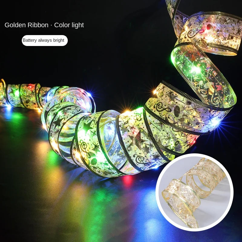 Christmas Decoration LED Ribbon Fairy Lights Christmas Tree Ornaments for Home 2025 DIY Bows Light String Navidad New Year 2026