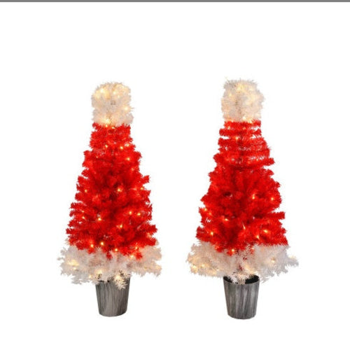 Lighted Santa Hat Style Christmas Tree Set Of 2, 4ft Artificial Tree